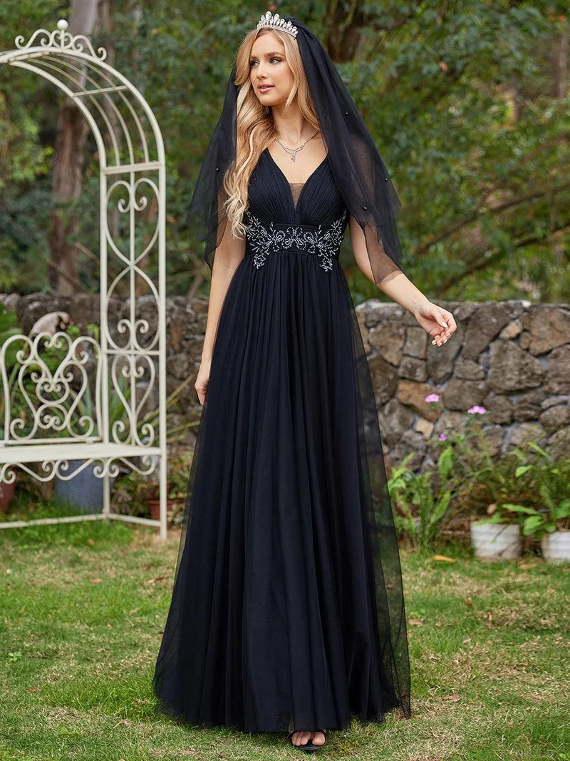 Robe de demoiselle d'honneur trapèze élégante sans manches à col en V
