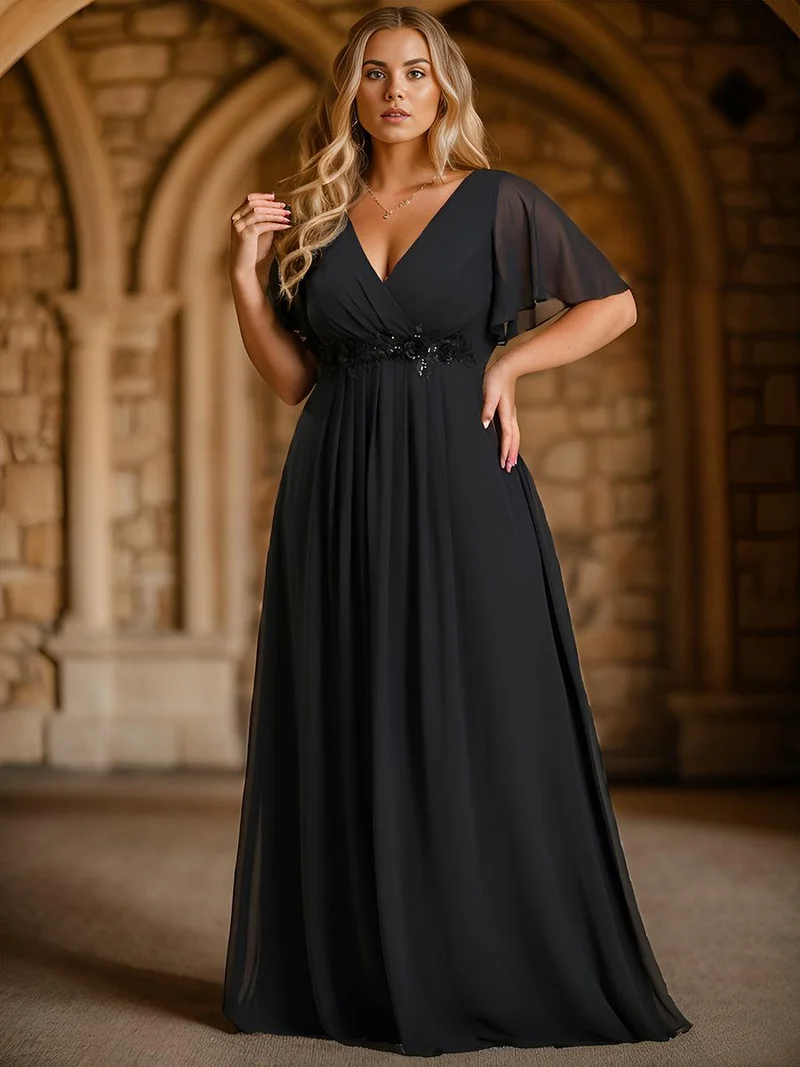 pretty IVYROSE|Robe longue en mousseline avec manches volantées et détails en appliqué