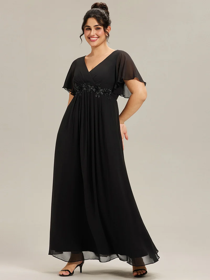pretty IVYROSE|Robe longue en mousseline avec manches volantées et détails en appliqué