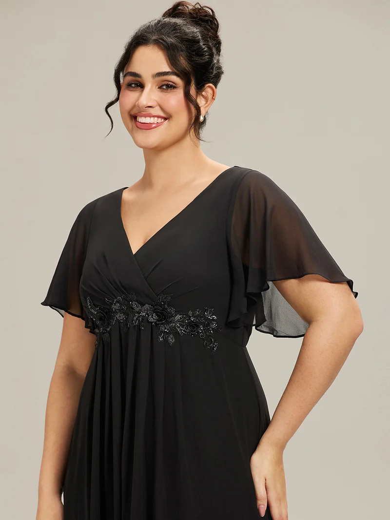pretty IVYROSE|Robe longue en mousseline avec manches volantées et détails en appliqué