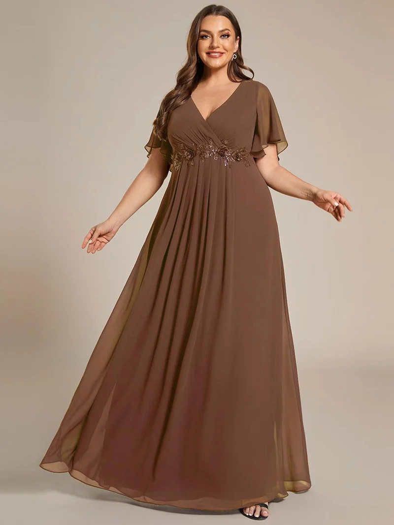 pretty IVYROSE|Robe longue en mousseline avec manches volantées et détails en appliqué