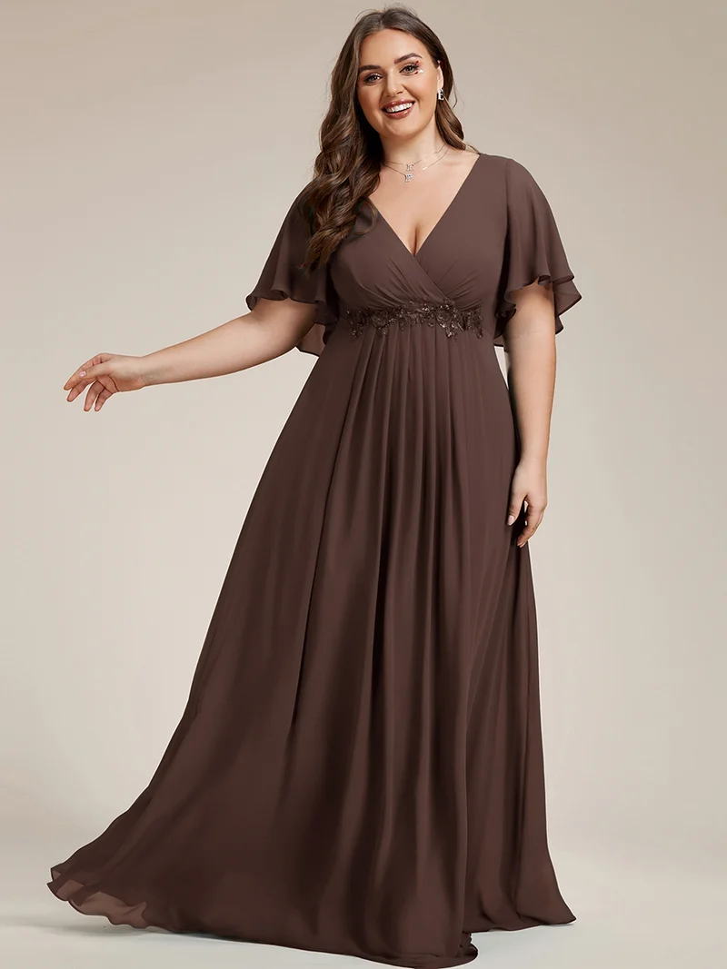 pretty IVYROSE|Robe longue en mousseline avec manches volantées et détails en appliqué