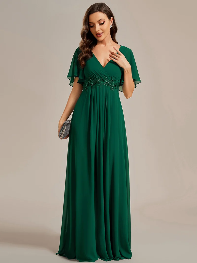 pretty IVYROSE|Robe longue en mousseline avec manches volantées et détails en appliqué