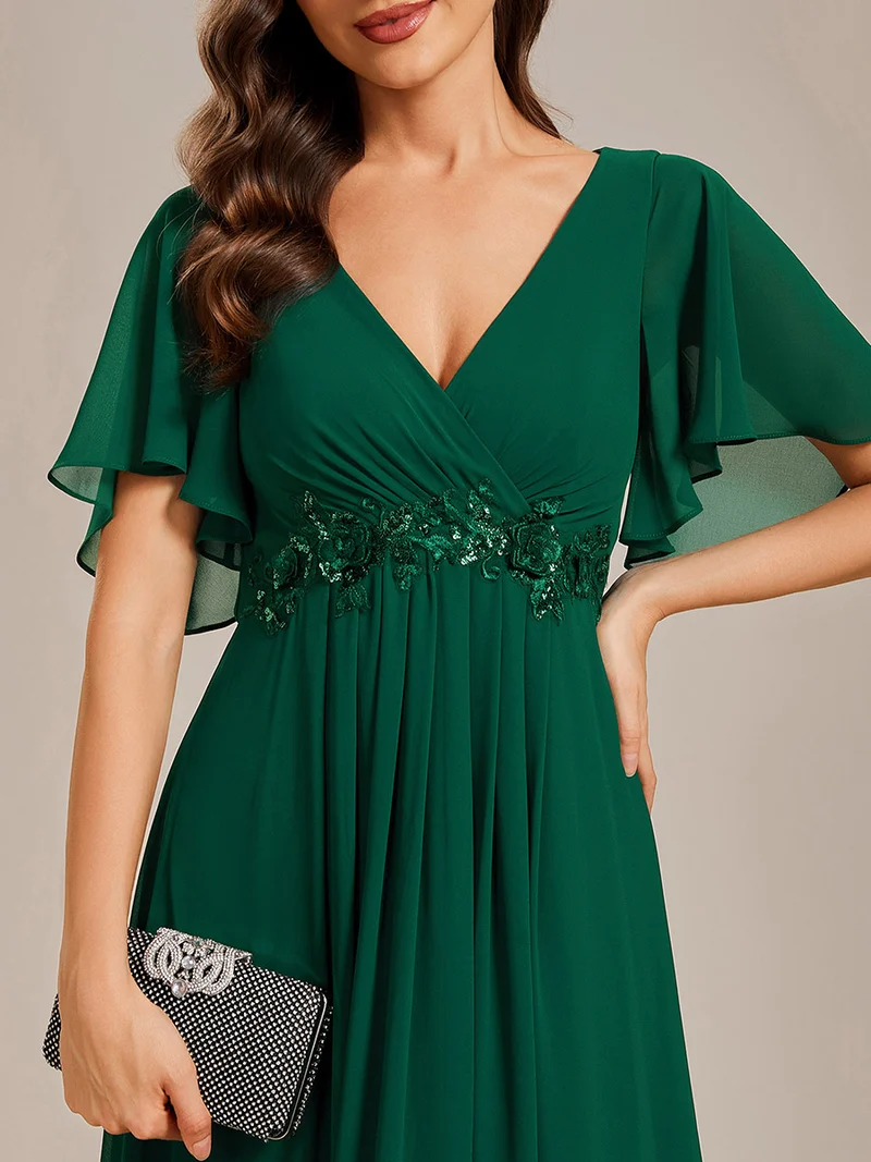 pretty IVYROSE|Robe longue en mousseline avec manches volantées et détails en appliqué