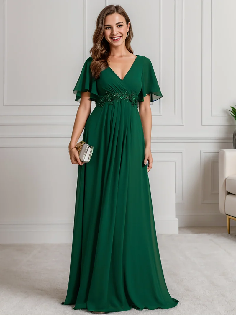 pretty IVYROSE|Robe longue en mousseline avec manches volantées et détails en appliqué