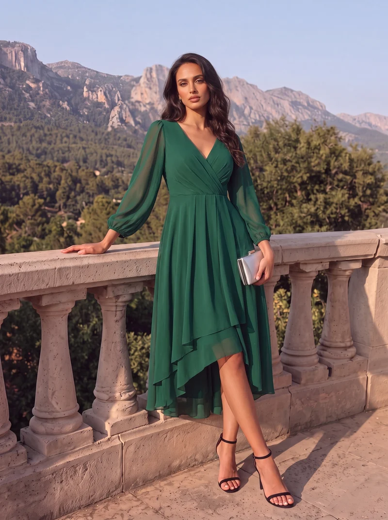 ever BRIAR|Robe invitée mariage midi en mousseline coupe portefeuille à manches longues