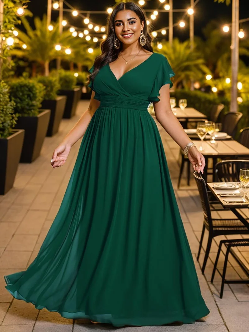 pretty LILYANA|Robe de demoiselle d'honneur en mousseline de soie à manches plissées grande taille