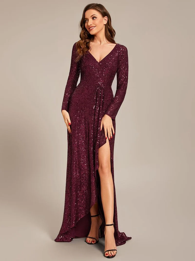 ever SYREN|Robe de soirée à manches longues, col en V, à sequins, ourlet asymétrique (Vente Finale)