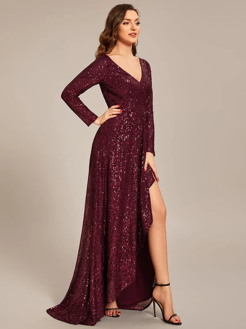 ever SYREN|Robe de soirée à manches longues, col en V, à sequins, ourlet asymétrique (Vente Finale)