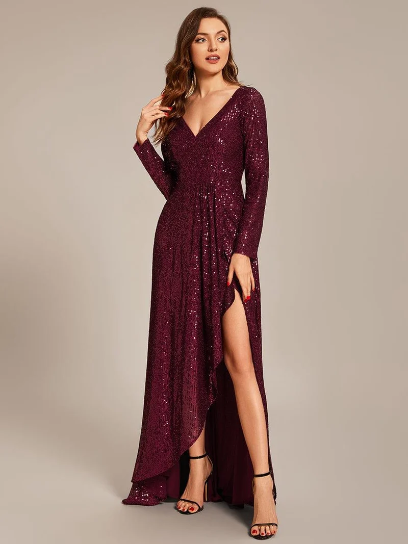 ever SYREN|Robe de soirée à manches longues, col en V, à sequins, ourlet asymétrique (Vente Finale)