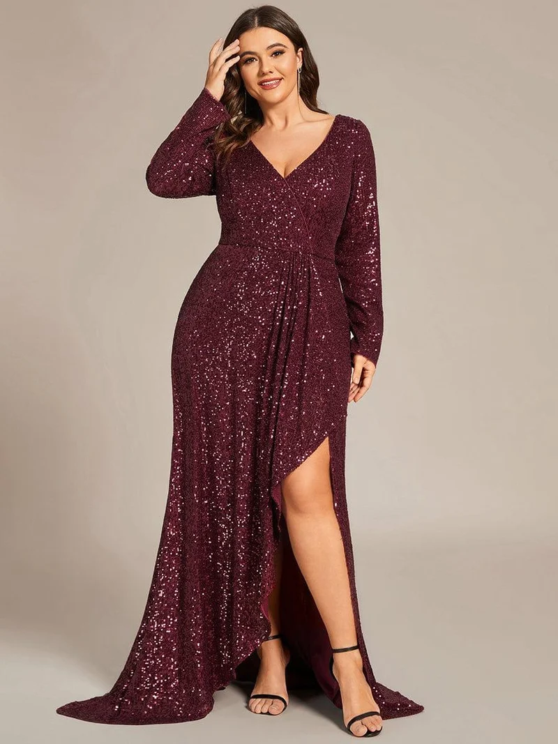 ever SYREN|Robe de soirée à manches longues, col en V, à sequins, ourlet asymétrique (Vente Finale)