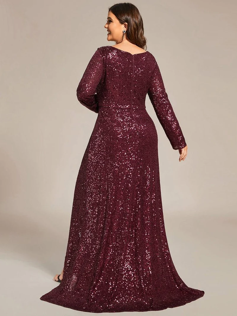 ever SYREN|Robe de soirée à manches longues, col en V, à sequins, ourlet asymétrique (Vente Finale)
