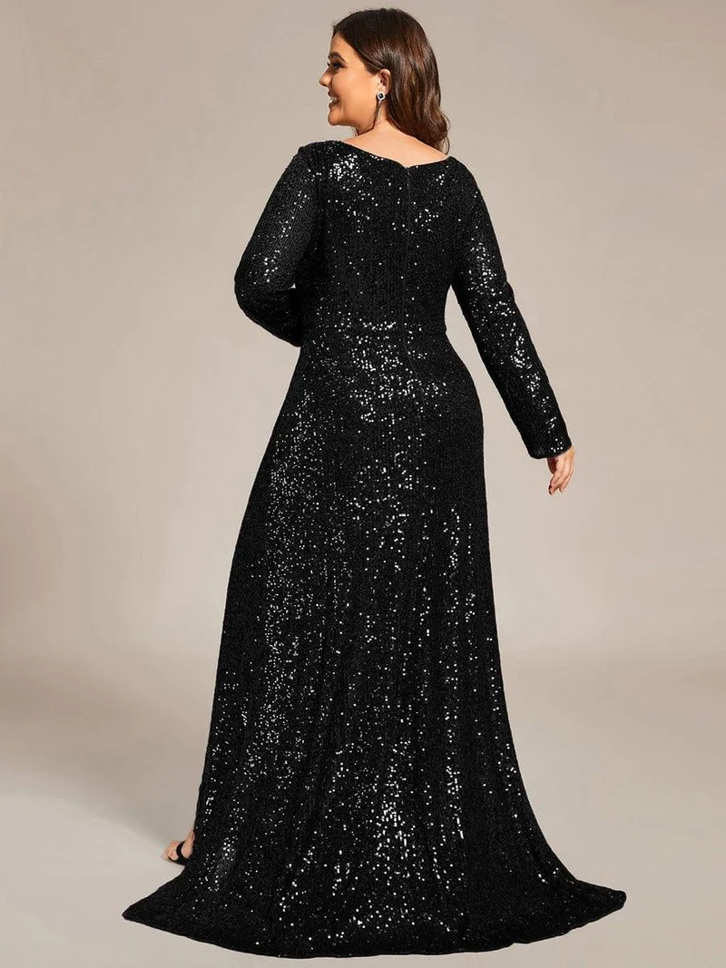 ever SYREN|Robe de soirée à manches longues, col en V, à sequins, ourlet asymétrique (Vente Finale)