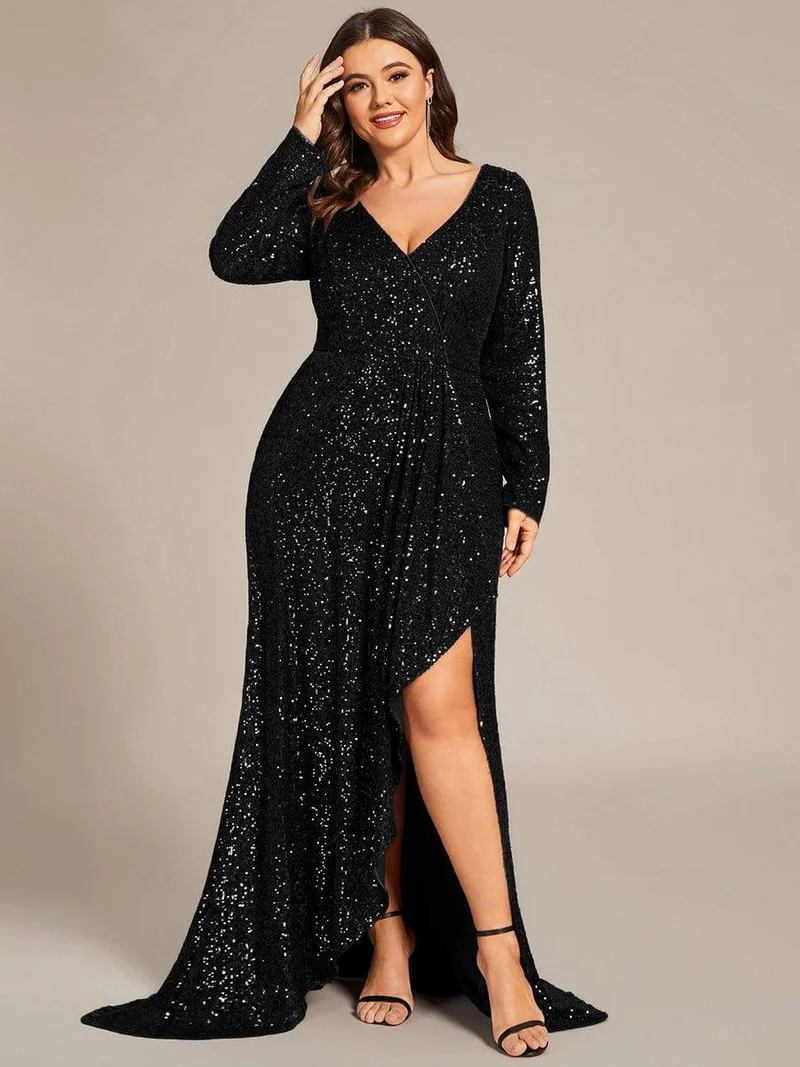 ever SYREN|Robe de soirée à manches longues, col en V, à sequins, ourlet asymétrique (Vente Finale)