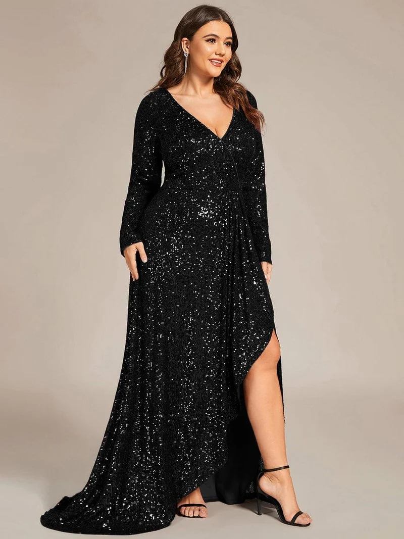 ever SYREN|Robe de soirée à manches longues, col en V, à sequins, ourlet asymétrique (Vente Finale)