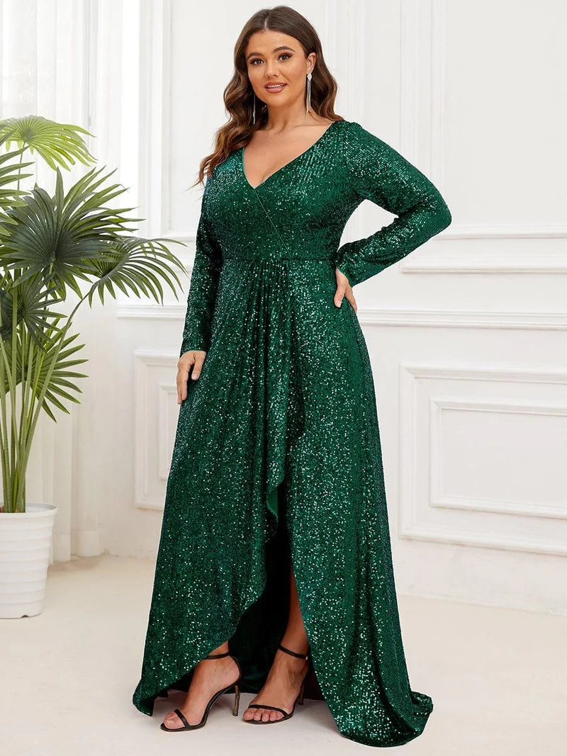 ever SYREN|Robe de soirée à manches longues, col en V, à sequins, ourlet asymétrique (Vente Finale)