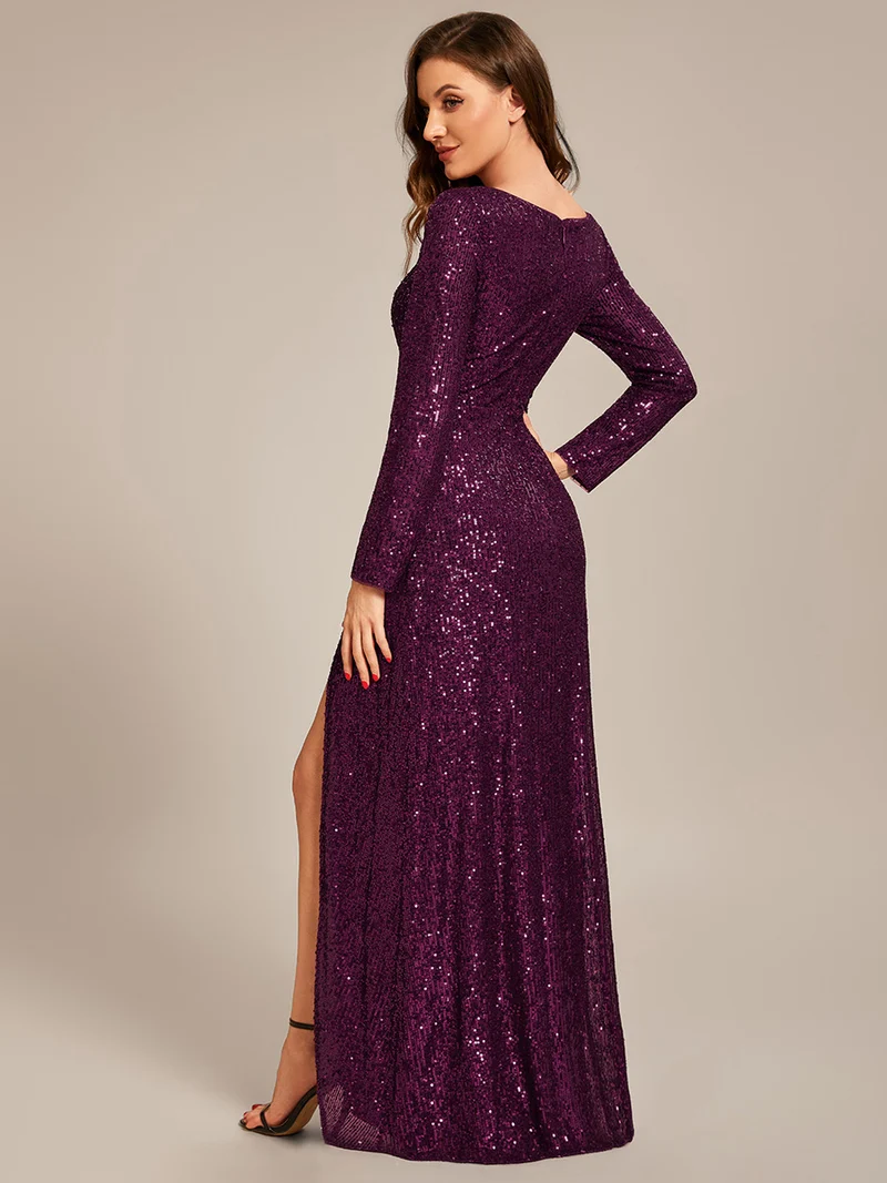ever SYREN|Robe de soirée à manches longues, col en V, à sequins, ourlet asymétrique (Vente Finale)