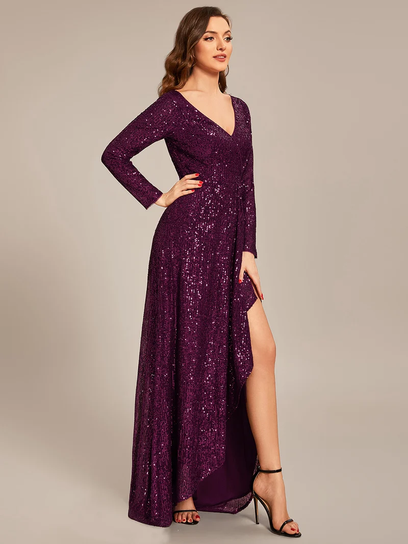ever SYREN|Robe de soirée à manches longues, col en V, à sequins, ourlet asymétrique (Vente Finale)