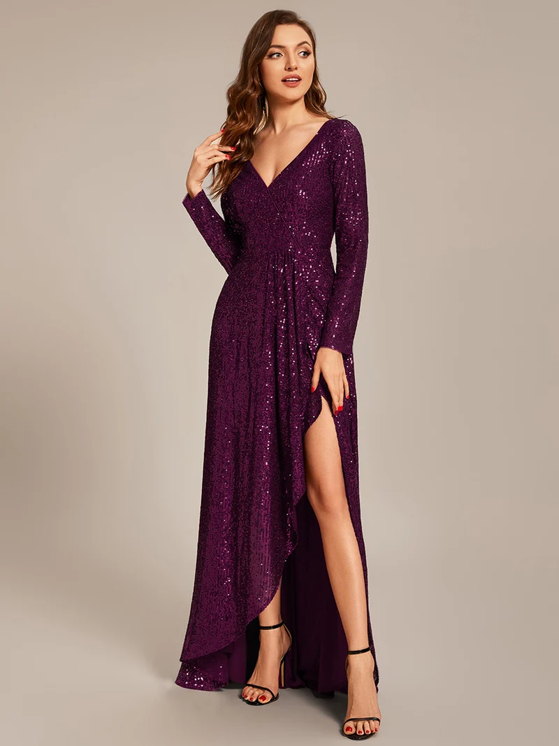 ever SYREN|Robe de soirée à manches longues, col en V, à sequins, ourlet asymétrique (Vente Finale)