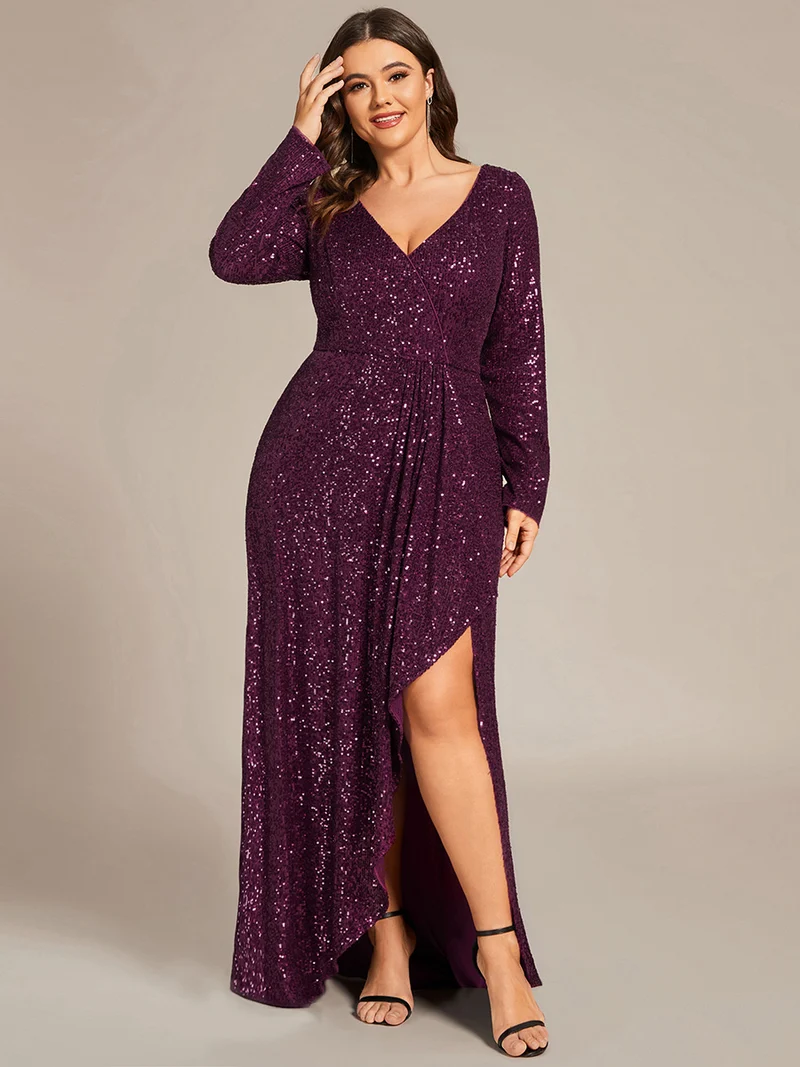 ever SYREN|Robe de soirée à manches longues, col en V, à sequins, ourlet asymétrique (Vente Finale)