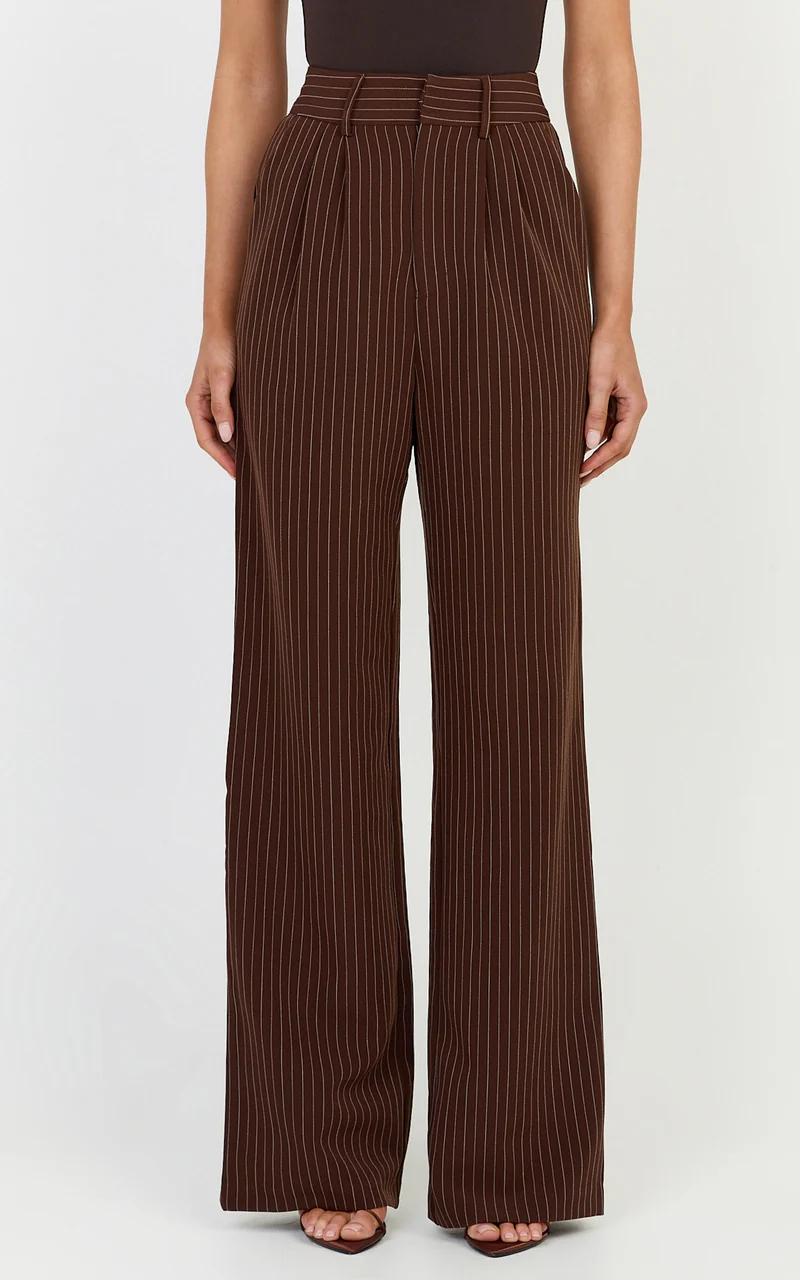 Rose Pants - Stripe Tailored Straight Leg Pants in Dark Chocolate
