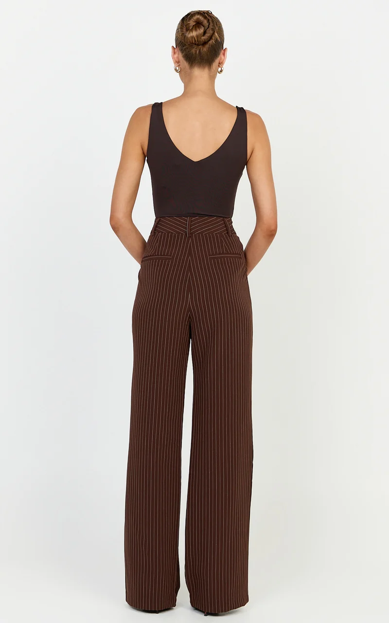 Rose Pants - Stripe Tailored Straight Leg Pants in Dark Chocolate