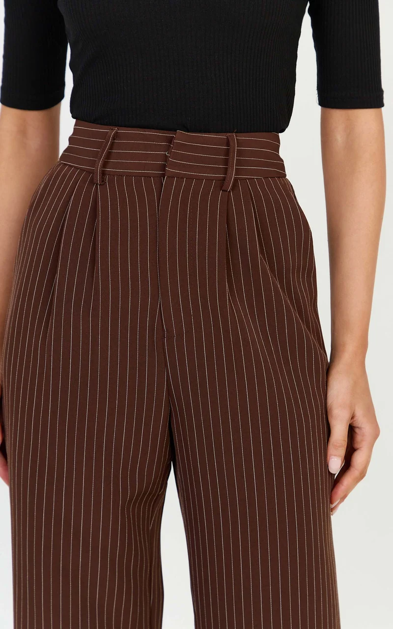 Rose Pants - Stripe Tailored Straight Leg Pants in Dark Chocolate