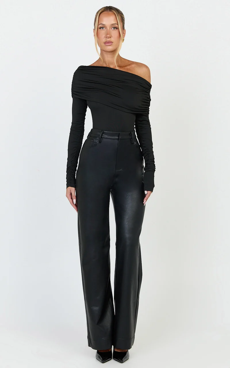 Hallie Bodysuit - One Shoulder Draped Long Sleeve Bodysuit in Black