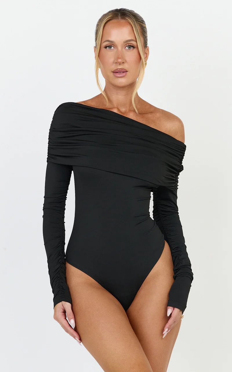 Hallie Bodysuit - One Shoulder Draped Long Sleeve Bodysuit in Black