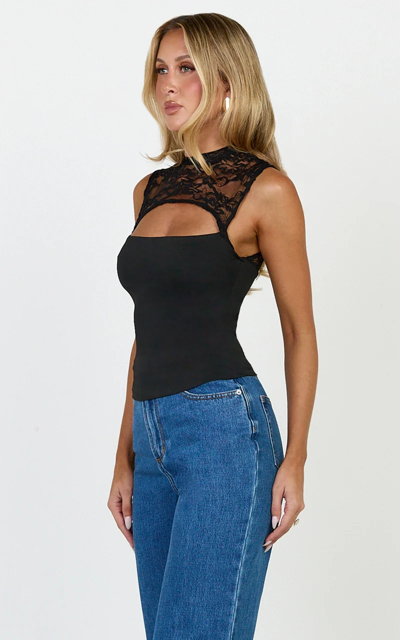 Blanche Top - Cut Out Lace Top in Black