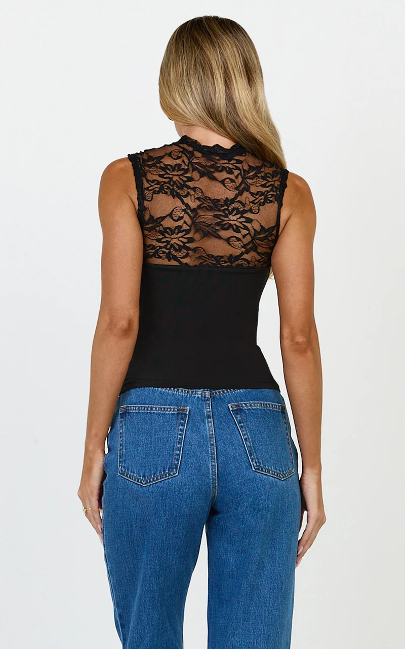 Blanche Top - Cut Out Lace Top in Black