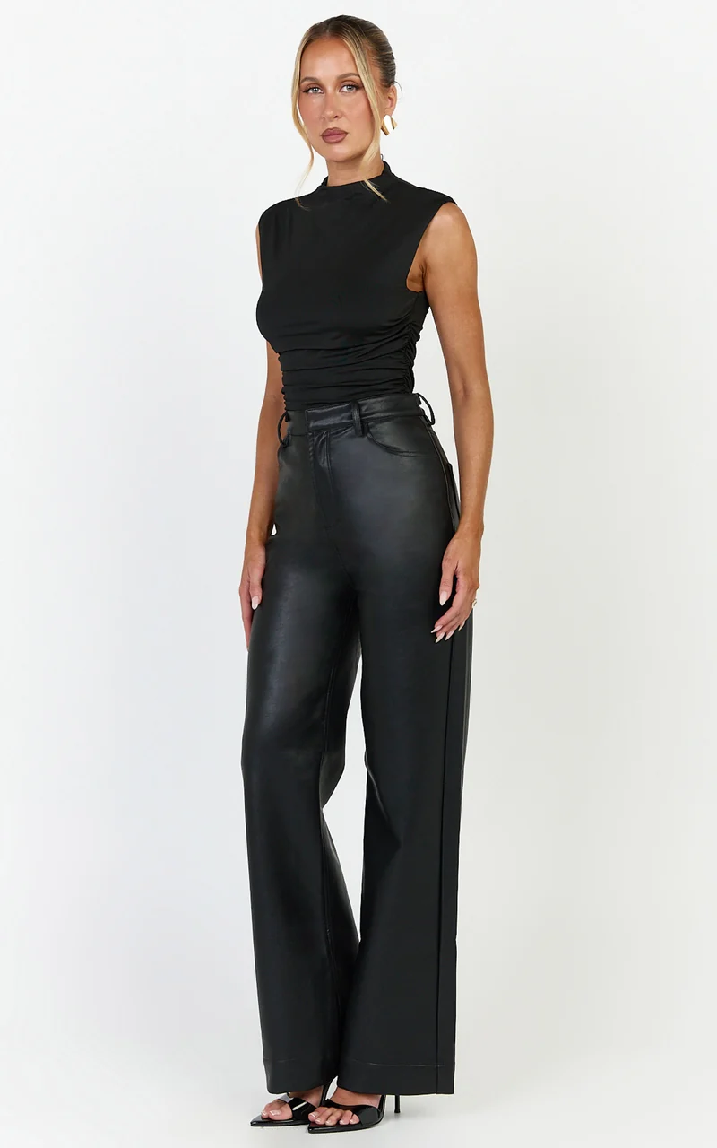 Olive Top - High Neck Sleeveless Side Ruched Top in Black