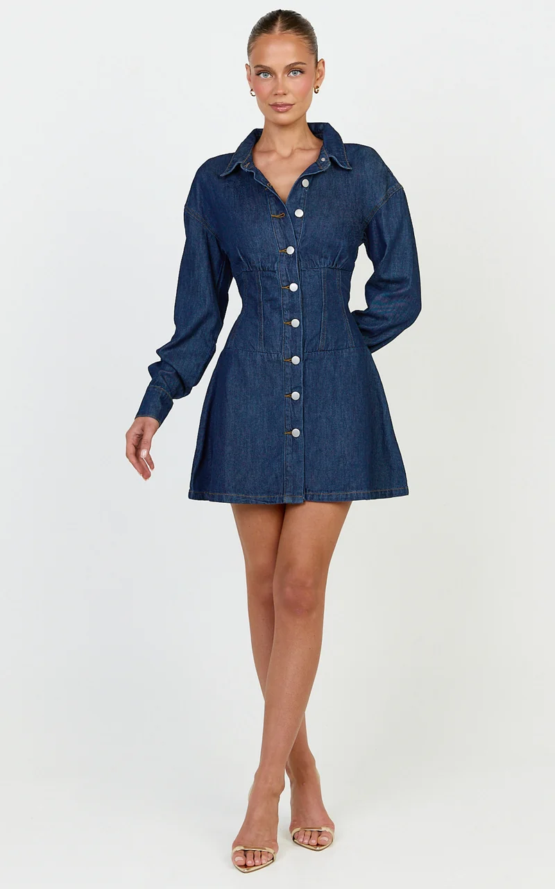 Amaris Mini Dress - Long Sleeve Corset Shirt Dress in Dark Blue Wash