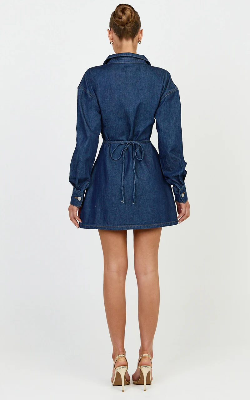 Amaris Mini Dress - Long Sleeve Corset Shirt Dress in Dark Blue Wash