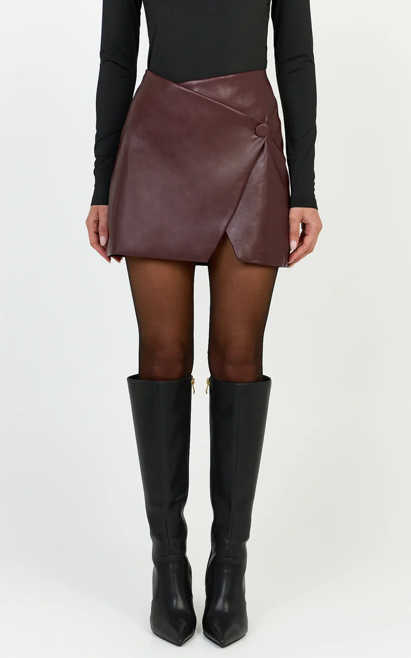 Prague Mini Skirt - Wrap Faux Leather Skirt in Wine
