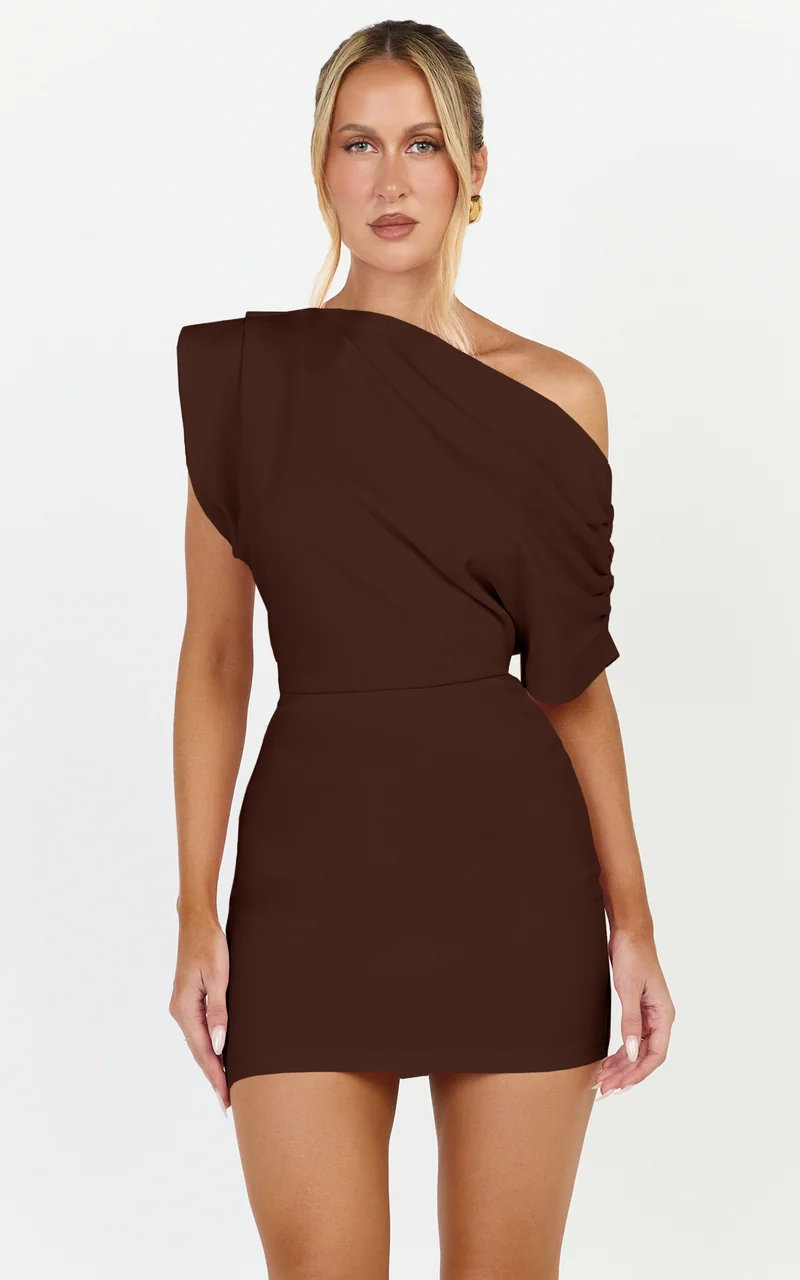 Nalfie Mini Dress - Tipped Shoulder Jersey Drape Dress in Chocolate