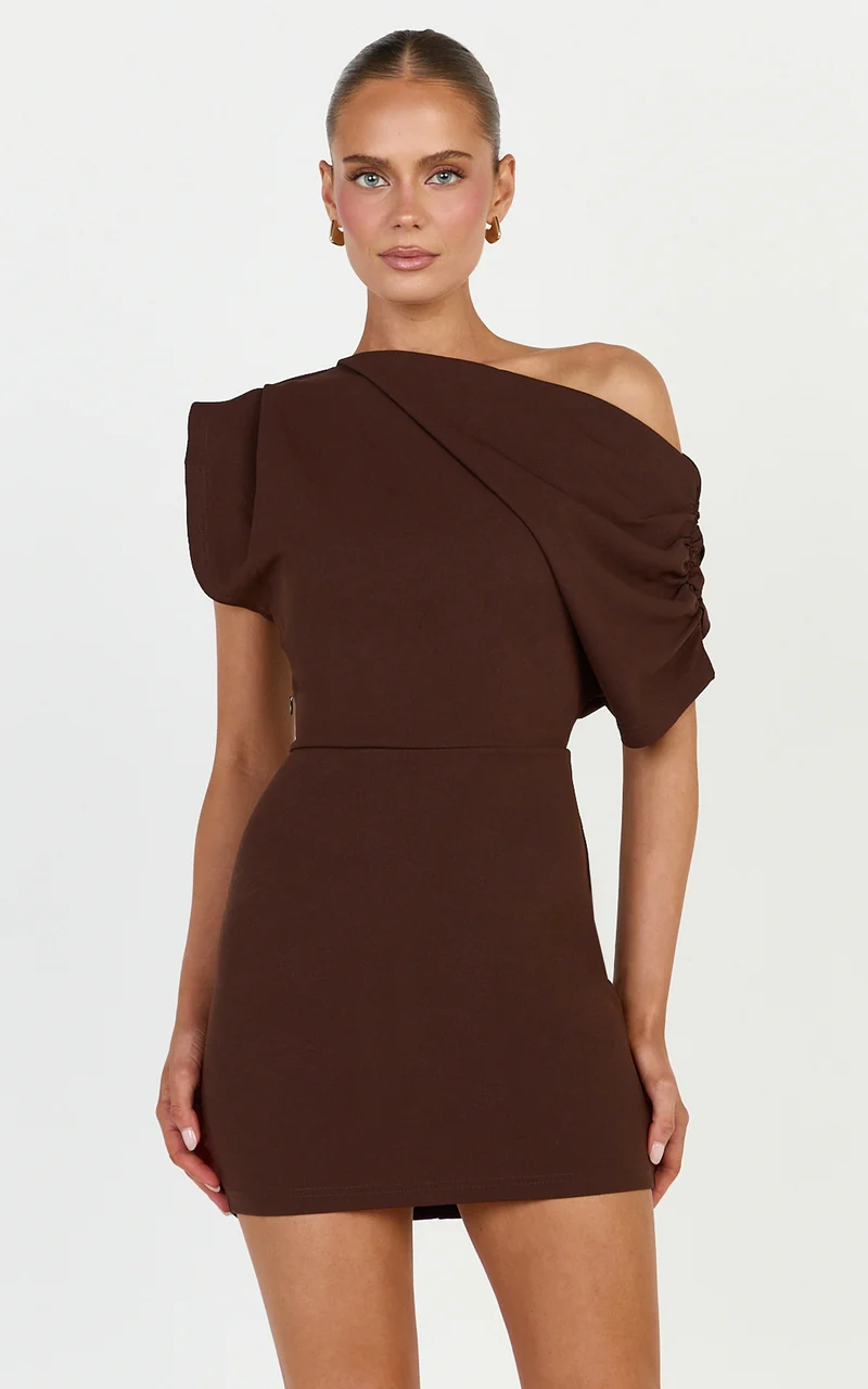 Nalfie Mini Dress - Tipped Shoulder Jersey Drape Dress in Chocolate