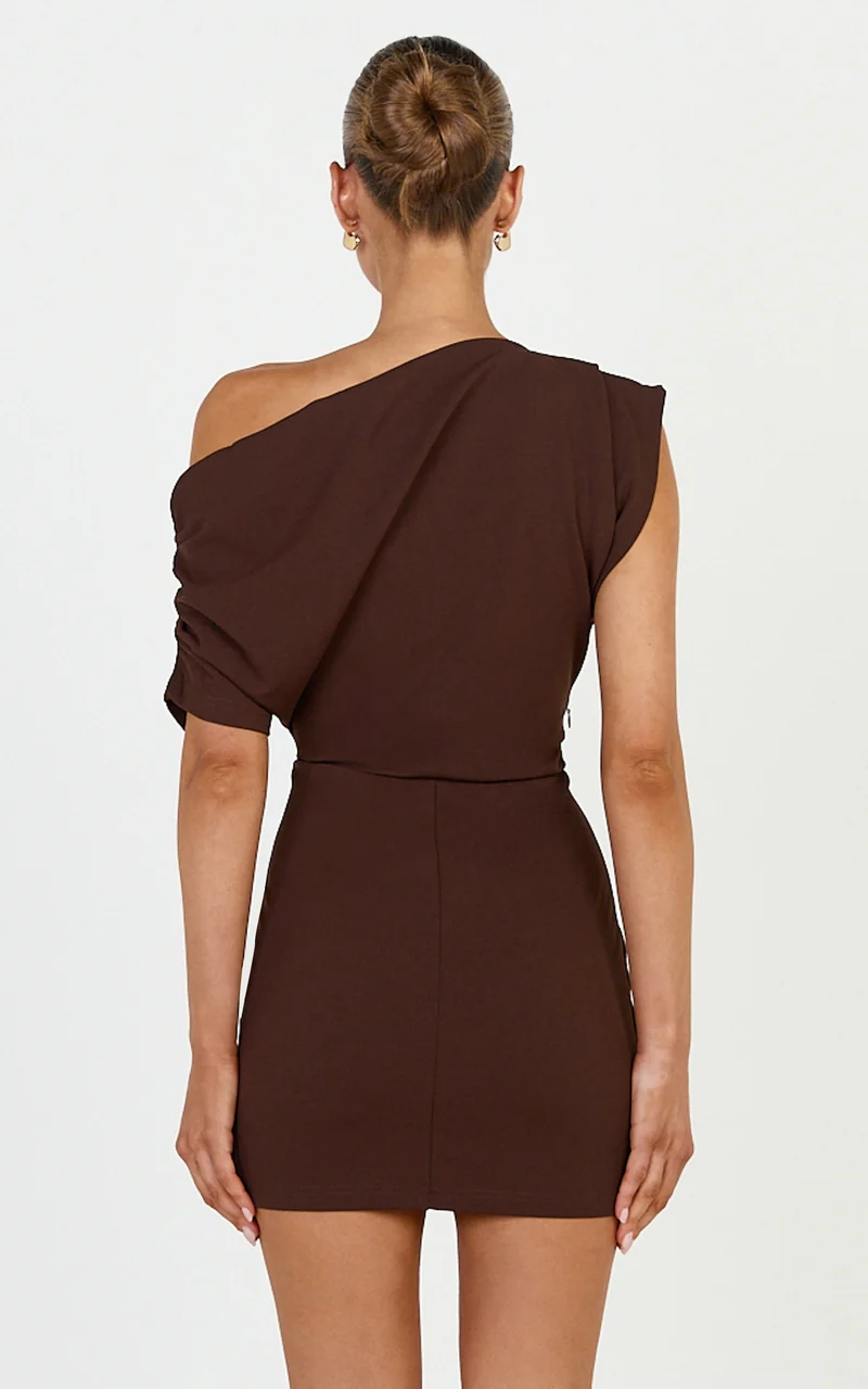 Nalfie Mini Dress - Tipped Shoulder Jersey Drape Dress in Chocolate