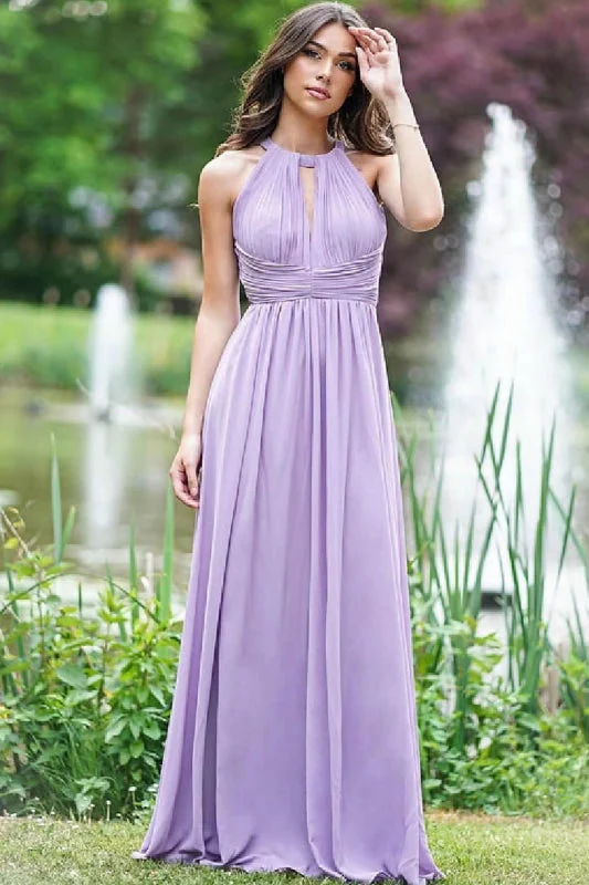 Robe de bal élégante lilas à col licou et coupe trapèze : sans manches, dos nu, chic