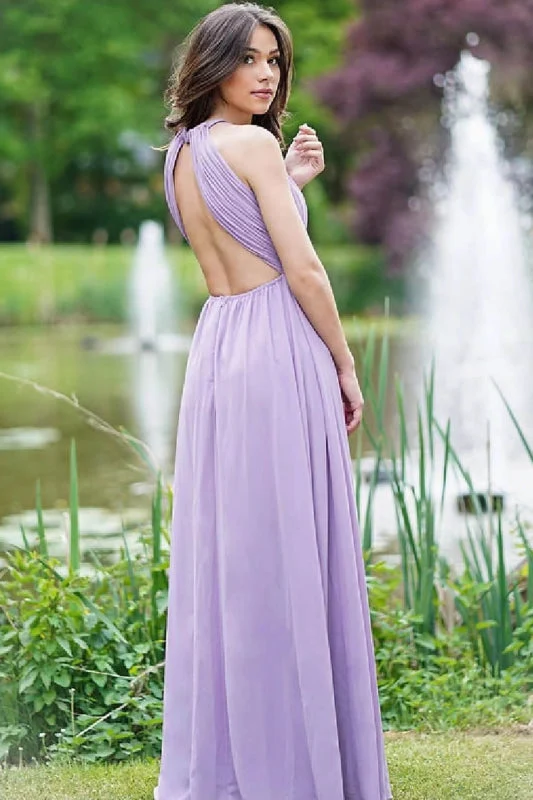 Robe de bal élégante lilas à col licou et coupe trapèze : sans manches, dos nu, chic