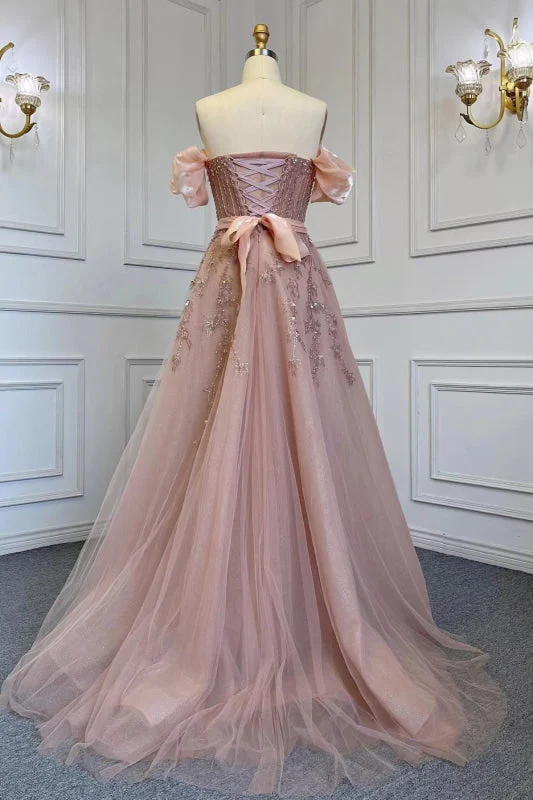 Robe de bal rose à épaules dénudées et manches bouffantes avec paillettes et ceinture en tulle