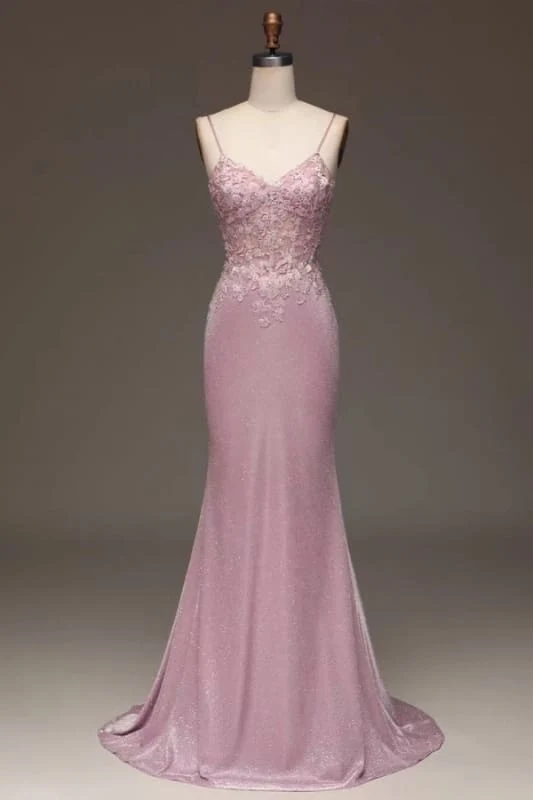 Robe de bal élégante rose à bretelles spaghetti et sans manches pour femme