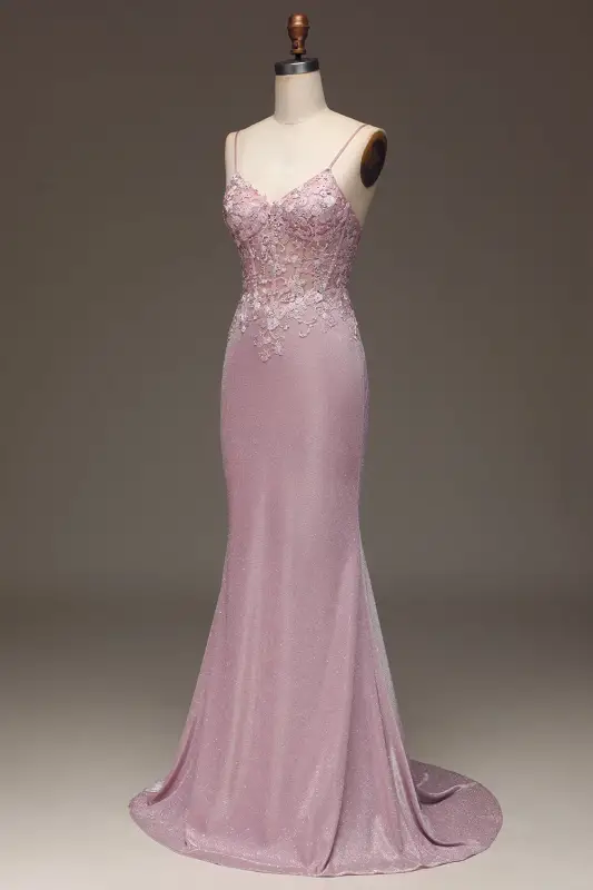 Robe de bal élégante rose à bretelles spaghetti et sans manches pour femme