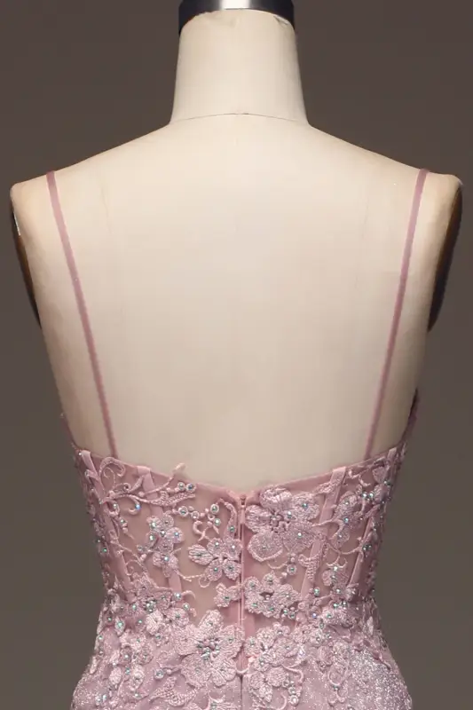 Robe de bal élégante rose à bretelles spaghetti et sans manches pour femme