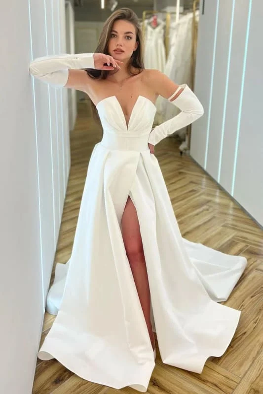 Robe de bal trapèze blanche élégante à manches longues et col en V avec fente haute