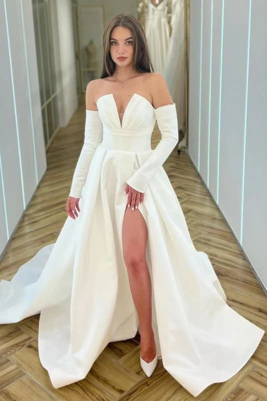 Robe de bal trapèze blanche élégante à manches longues et col en V avec fente haute