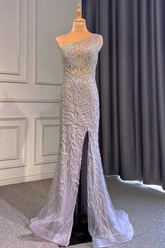 Robe de bal sirène élégante violet clair à une épaule, ornée de perles et de volants