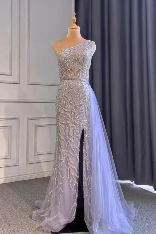 Robe de bal sirène élégante violet clair à une épaule, ornée de perles et de volants