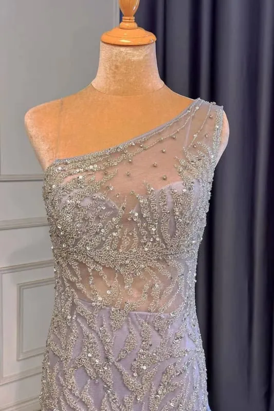 Robe de bal sirène élégante violet clair à une épaule, ornée de perles et de volants