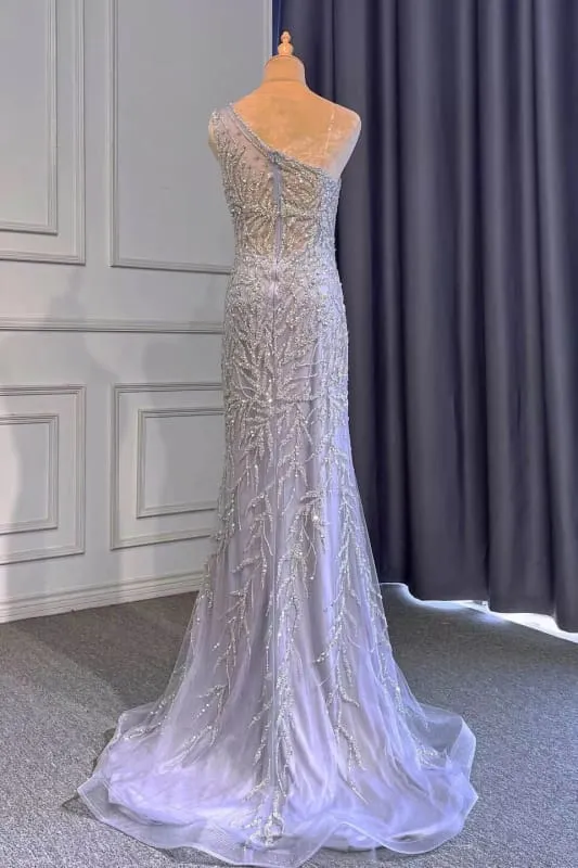 Robe de bal sirène élégante violet clair à une épaule, ornée de perles et de volants